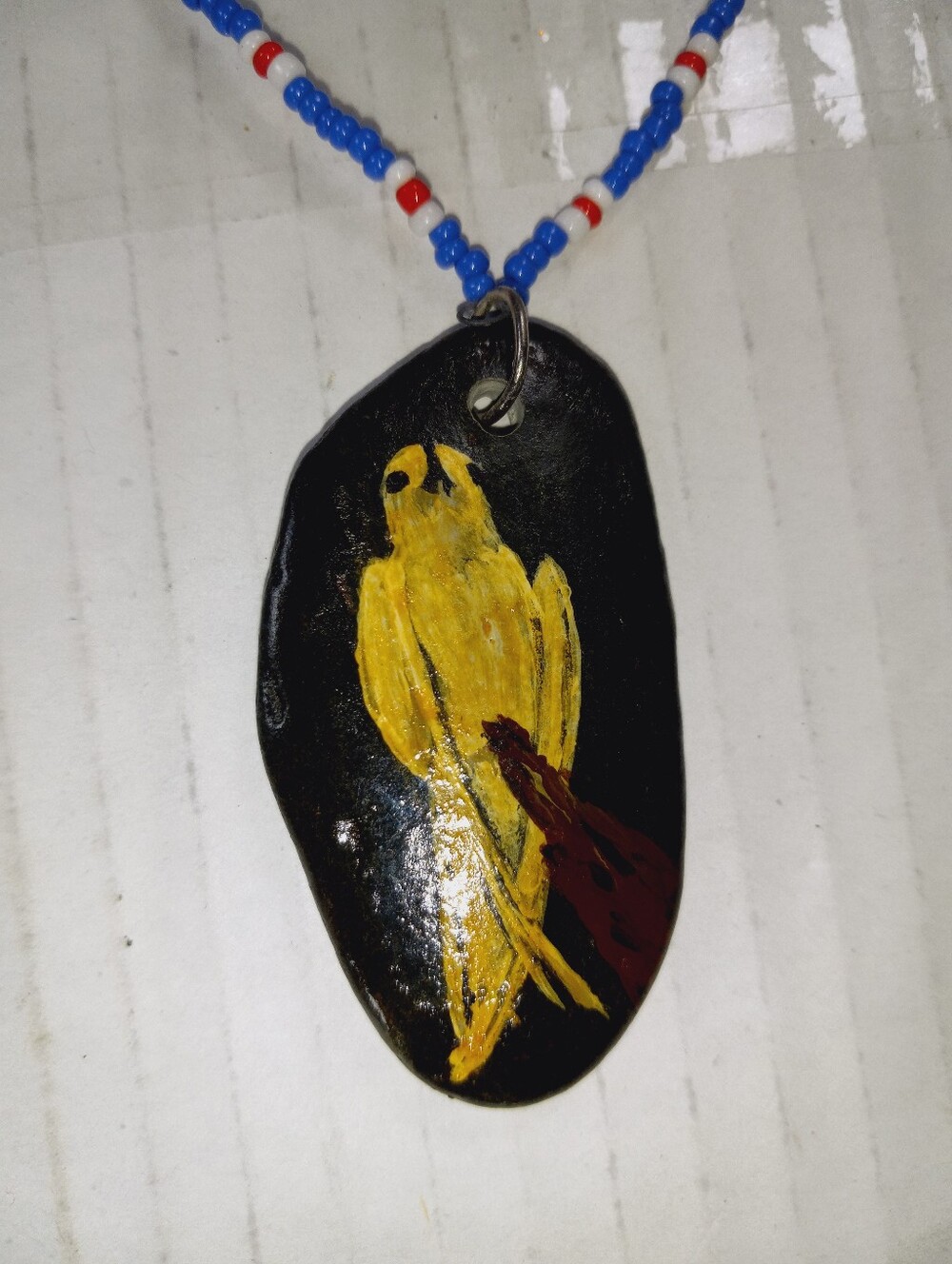 Handcrafted Signed Hand Painted Bird On A Dark Polished Stone Pendant Necklace